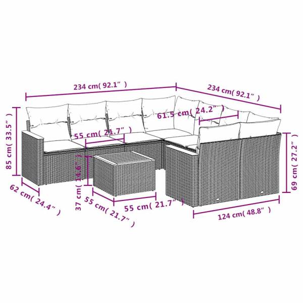9-teiliges Gartensofa-Set mit Kissen, schwarzes Polyrattan