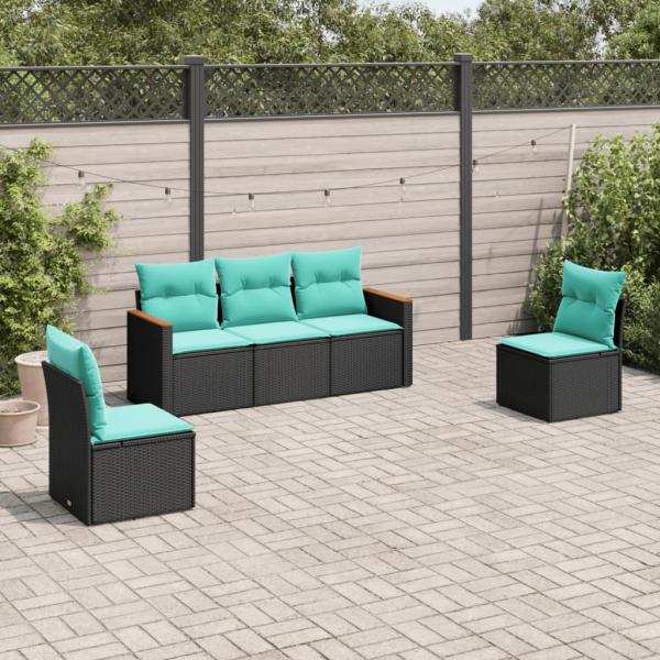 ARDEBO.de - 5-teiliges Gartensofa-Set mit Kissen, schwarzes Polyrattan
