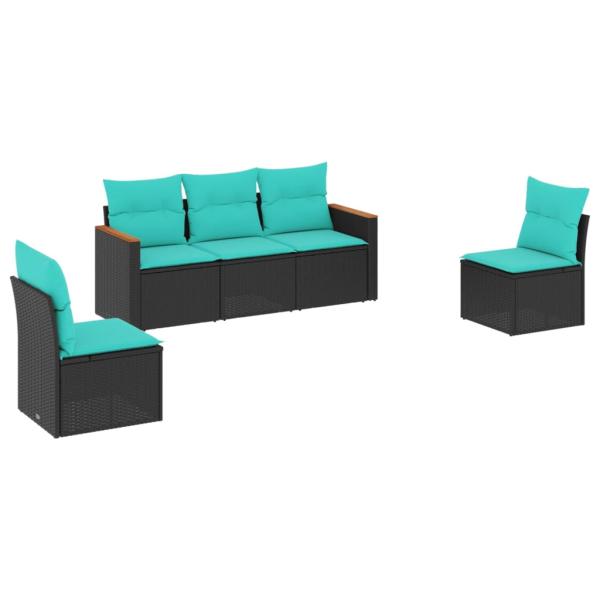 5-teiliges Gartensofa-Set mit Kissen, schwarzes Polyrattan