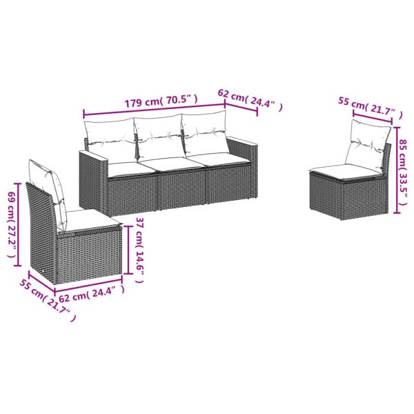 5-teiliges Gartensofa-Set mit Kissen, grau, Polyrattan