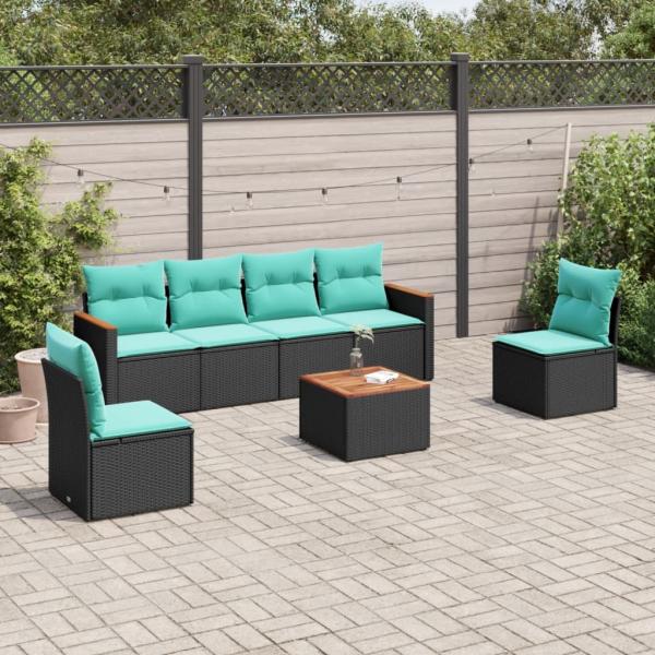 ARDEBO.de - 7-teiliges Gartensofa-Set mit Kissen, schwarzes Polyrattan