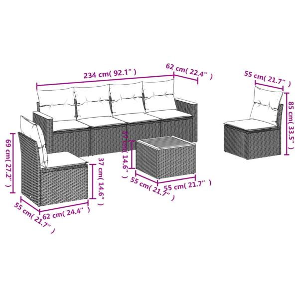 7-teiliges Gartensofa-Set mit Kissen, schwarzes Polyrattan