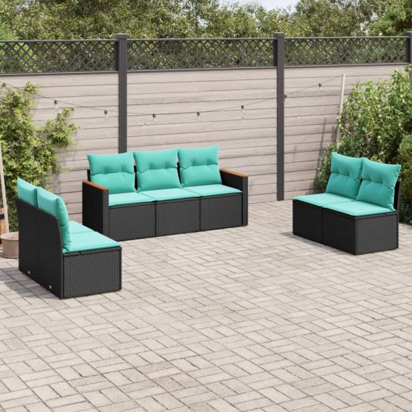 ARDEBO.de - 7-teiliges Gartensofa-Set mit Kissen, schwarzes Polyrattan