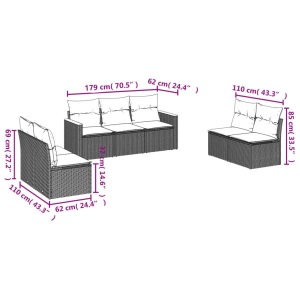 7-teiliges Gartensofa-Set mit Kissen, schwarzes Polyrattan