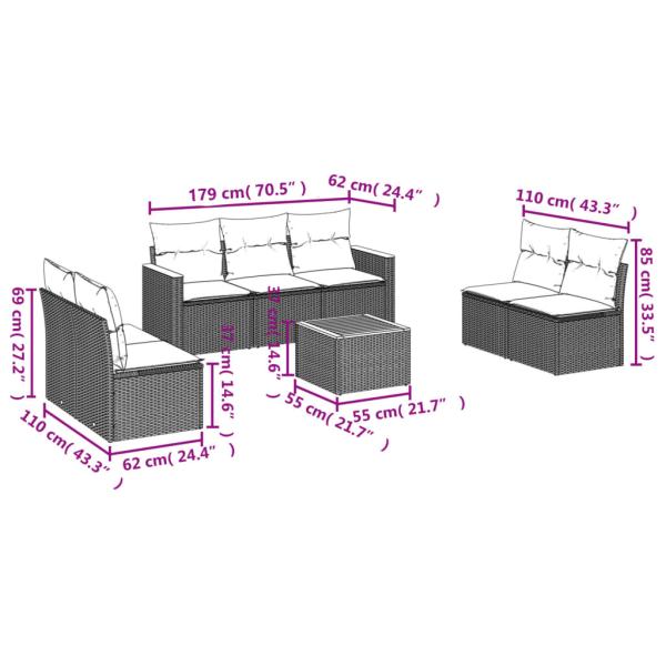 8-teiliges Gartensofa-Set mit Kissen, schwarzes Polyrattan