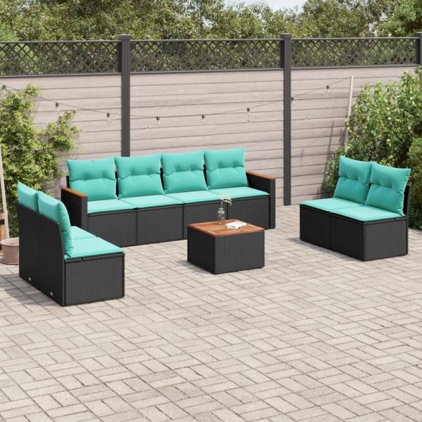 ARDEBO.de - 9-teiliges Gartensofa-Set mit Kissen, schwarzes Polyrattan