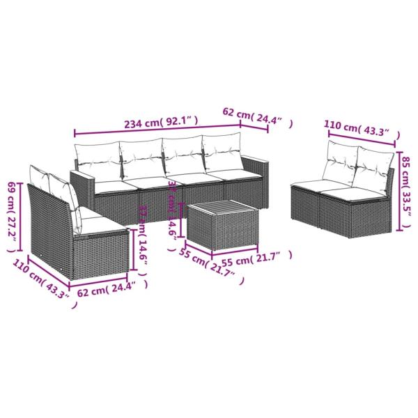 9-teiliges Gartensofa-Set mit Kissen, grau, Polyrattan
