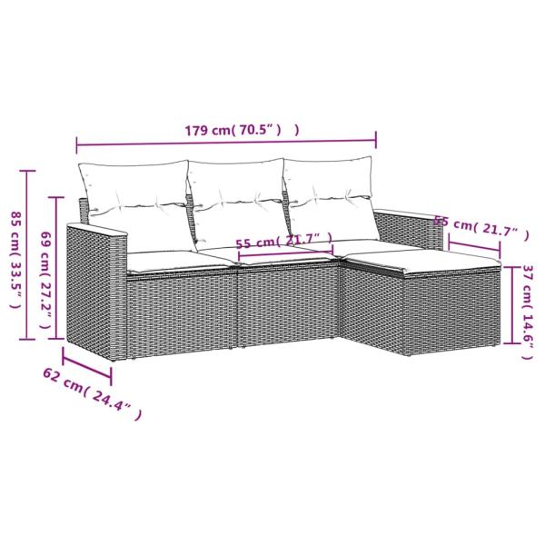 4-teiliges Gartensofa-Set mit Kissen, grau, Polyrattan