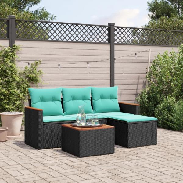 ARDEBO.de - 5-teiliges Gartensofa-Set mit Kissen, schwarzes Polyrattan