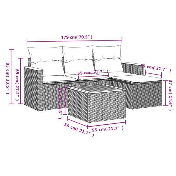 5-teiliges Gartensofa-Set mit Kissen, schwarzes Polyrattan