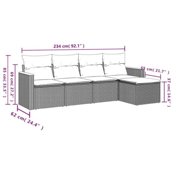 5-teiliges Gartensofa-Set mit Kissen, schwarzes Polyrattan