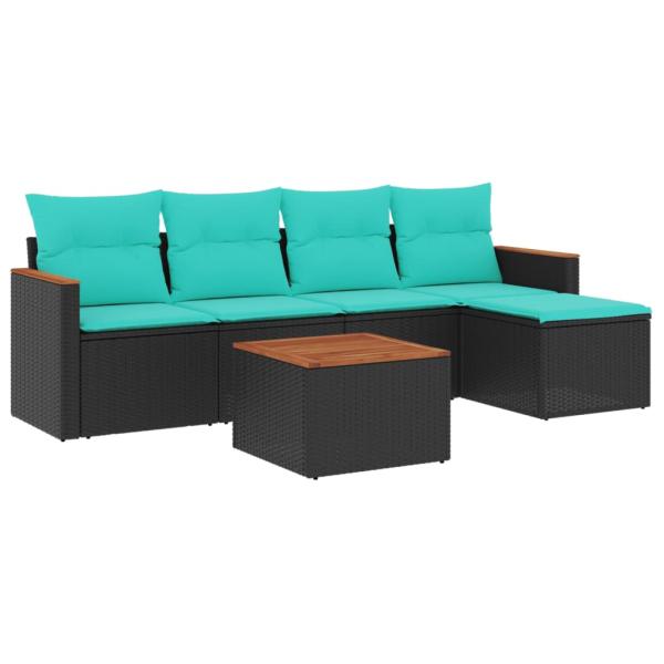 6-teiliges Gartensofa-Set mit Kissen, schwarzes Polyrattan