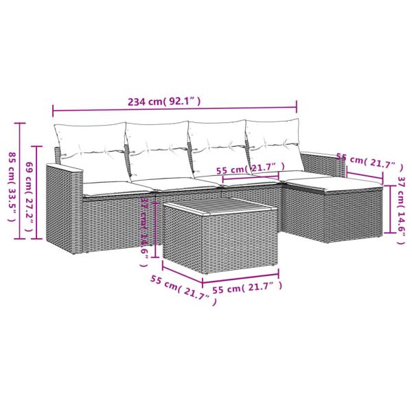 6-teiliges Gartensofa-Set mit Kissen, schwarzes Polyrattan