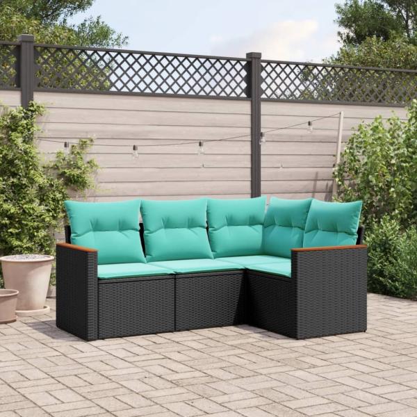ARDEBO.de - 4-teiliges Gartensofa-Set mit Kissen, schwarzes Polyrattan