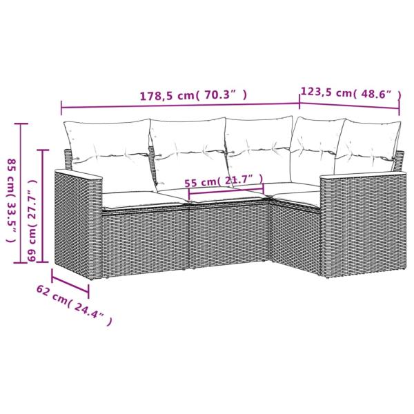 4-teiliges Gartensofa-Set mit Kissen, grau, Polyrattan