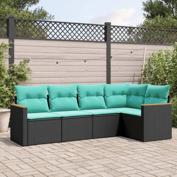 ARDEBO.de - 5-teiliges Gartensofa-Set mit Kissen, schwarzes Polyrattan