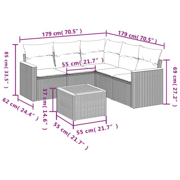 6-teiliges Gartensofa-Set mit Kissen, grau, Polyrattan