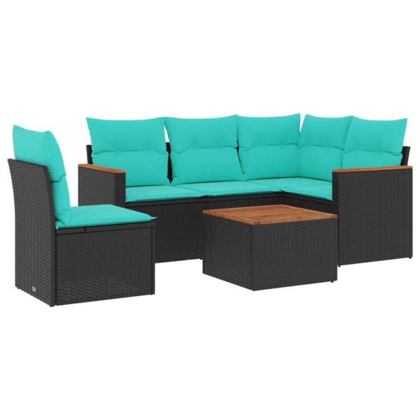 6-teiliges Gartensofa-Set mit Kissen, schwarzes Polyrattan