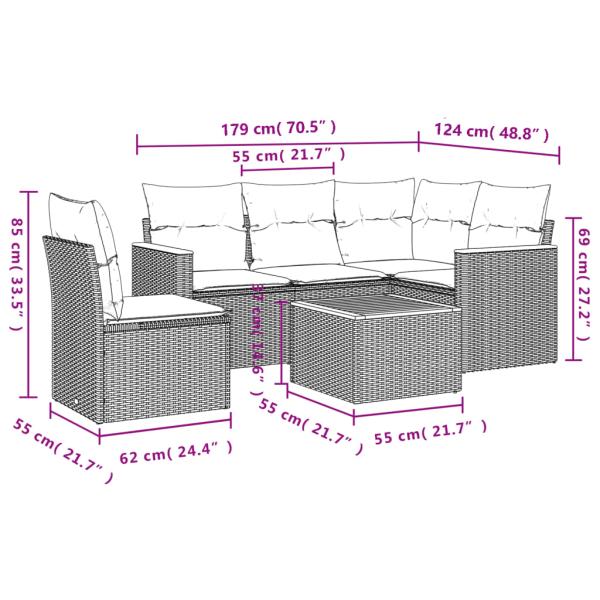 6-teiliges Gartensofa-Set mit Kissen, schwarzes Polyrattan