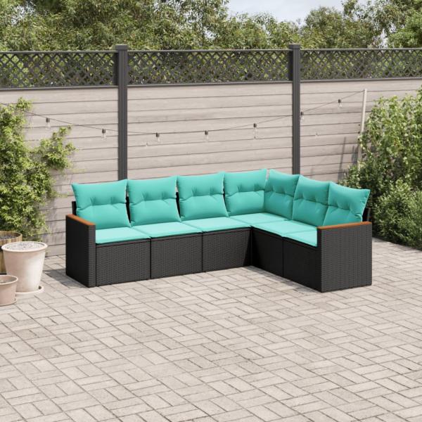 ARDEBO.de - 6-teiliges Gartensofa-Set mit Kissen, schwarzes Polyrattan