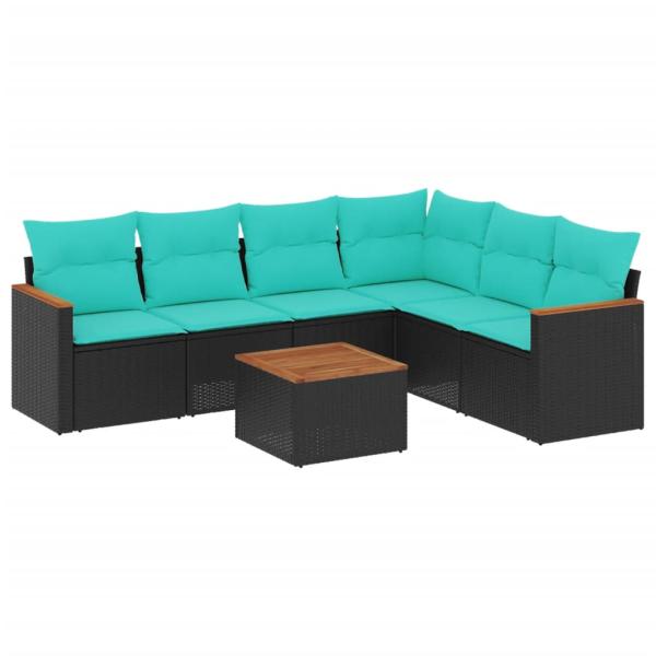 7-teiliges Gartensofa-Set mit Kissen, schwarzes Polyrattan