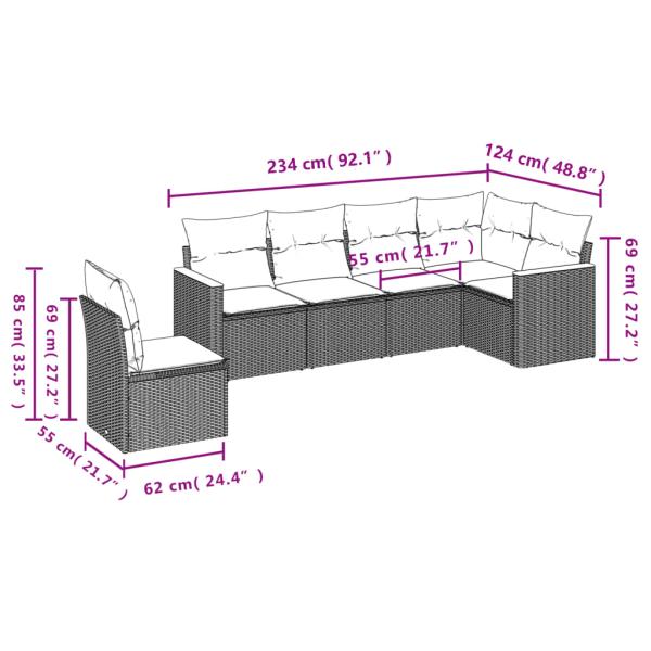 6-teiliges Gartensofa-Set mit Kissen, schwarzes Polyrattan