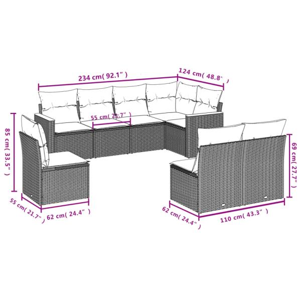 8-teiliges Gartensofa-Set mit Kissen, schwarzes Polyrattan