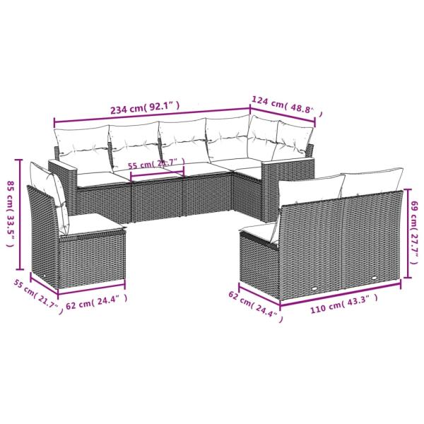 8-teiliges Gartensofa-Set mit Kissen, grau, Polyrattan