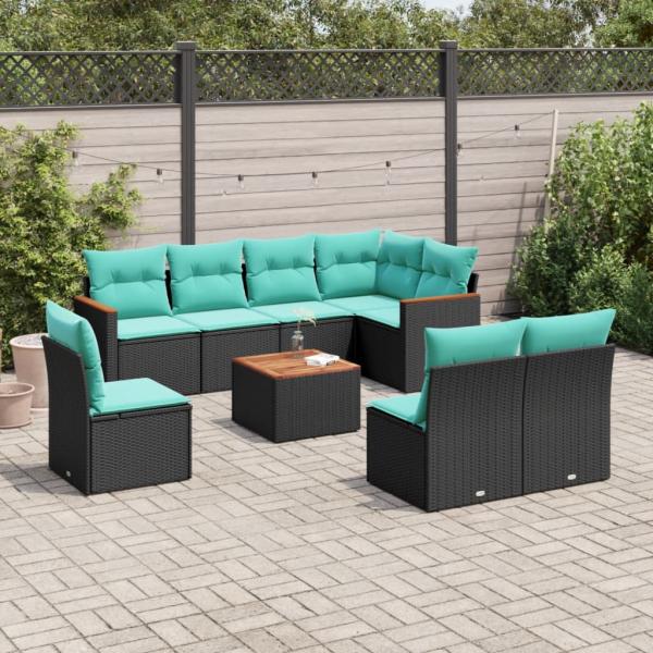 ARDEBO.de - 9-teiliges Gartensofa-Set mit Kissen, schwarzes Polyrattan