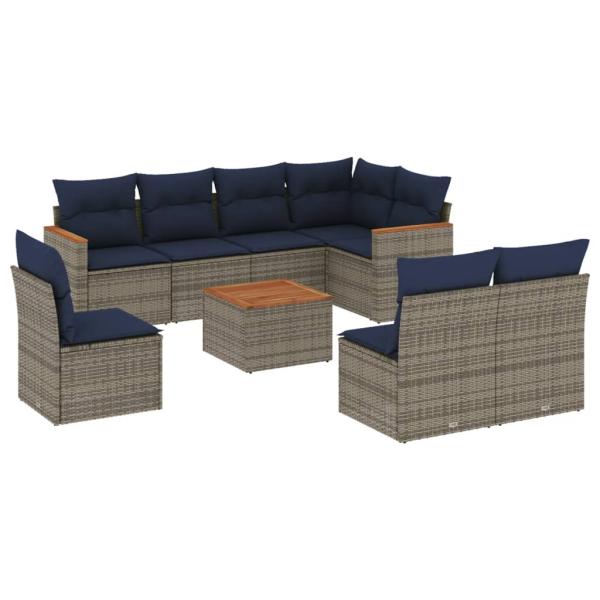 9-teiliges Gartensofa-Set mit Kissen, grau, Polyrattan