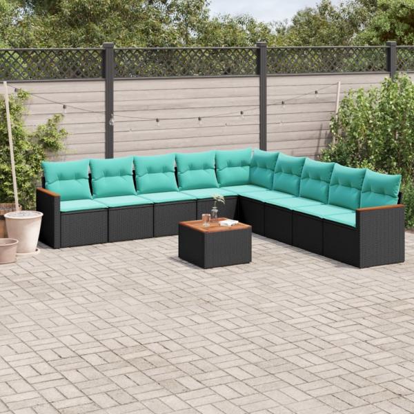 ARDEBO.de - 10-teiliges Gartensofa-Set mit Kissen, schwarzes Polyrattan