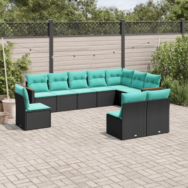 ARDEBO.de - 10-teiliges Gartensofa-Set mit Kissen, schwarzes Polyrattan