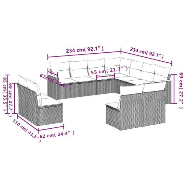 11-teiliges Gartensofa-Set mit Kissen, schwarzes Polyrattan