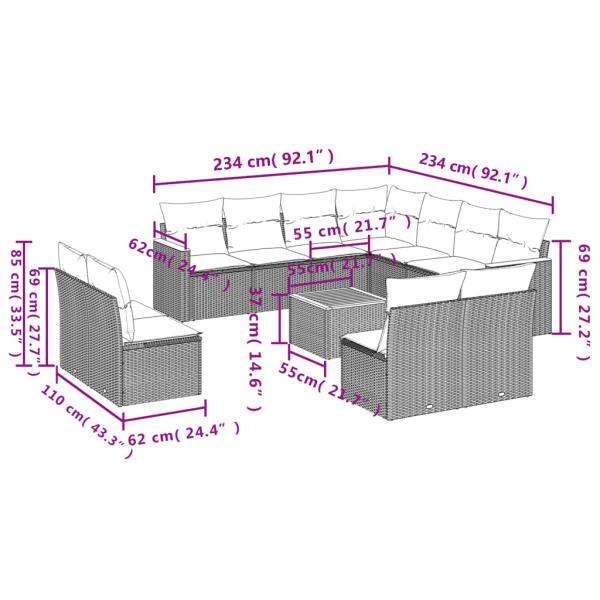 ARDEBO.de - 12-teiliges Gartensofa-Set mit Kissen, grau, Polyrattan