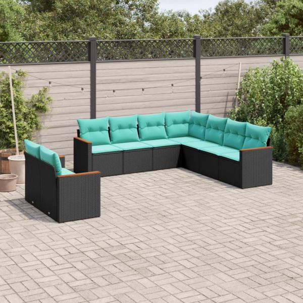 ARDEBO.de - 9-teiliges Gartensofa-Set mit Kissen, schwarzes Polyrattan