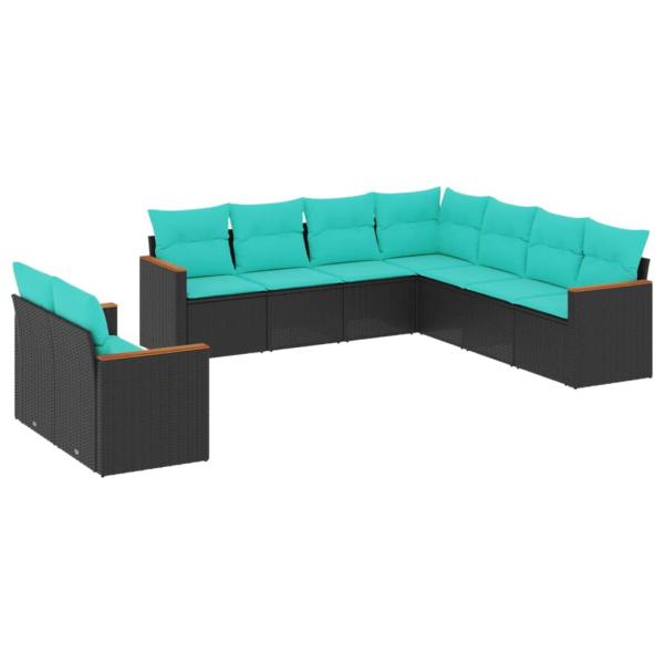 9-teiliges Gartensofa-Set mit Kissen, schwarzes Polyrattan
