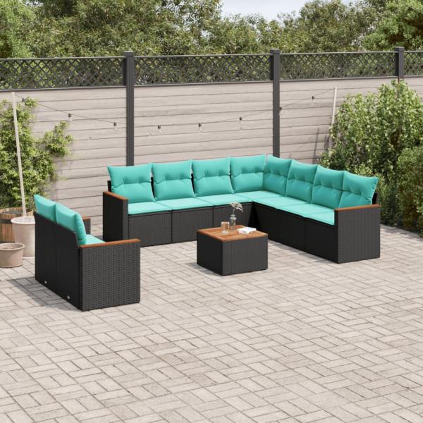 ARDEBO.de - 10-teiliges Gartensofa-Set mit Kissen, schwarzes Polyrattan