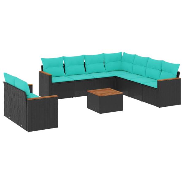 10-teiliges Gartensofa-Set mit Kissen, schwarzes Polyrattan