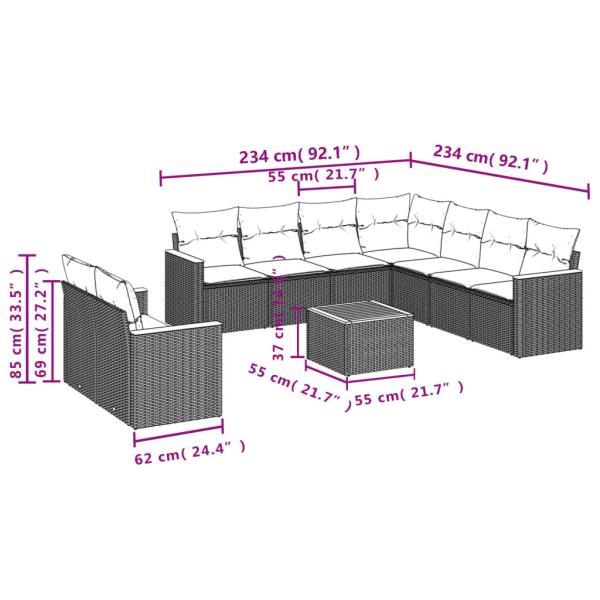 10-teiliges Gartensofa-Set mit Kissen, schwarzes Polyrattan