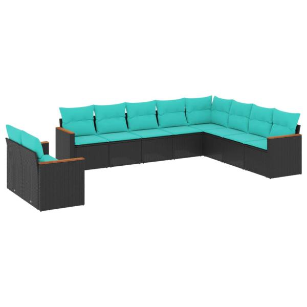 10-teiliges Gartensofa-Set mit Kissen, schwarzes Polyrattan
