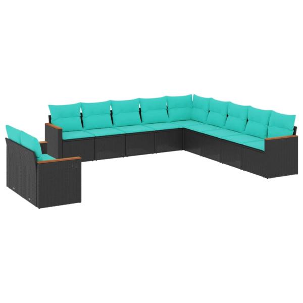 11-teiliges Gartensofa-Set mit Kissen, schwarzes Polyrattan