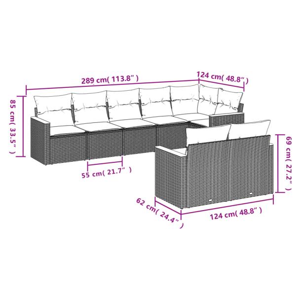 8-teiliges Gartensofa-Set mit Kissen, grau, Polyrattan