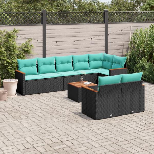 ARDEBO.de - 9-teiliges Gartensofa-Set mit Kissen, schwarzes Polyrattan
