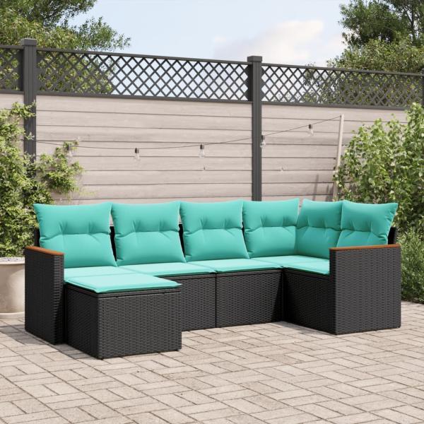 ARDEBO.de - 6-teiliges Gartensofa-Set mit Kissen, schwarzes Polyrattan
