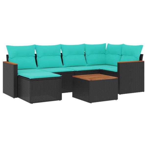 7-teiliges Gartensofa-Set mit Kissen, schwarzes Polyrattan