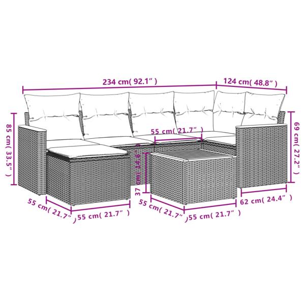 7-teiliges Gartensofa-Set mit Kissen, schwarzes Polyrattan