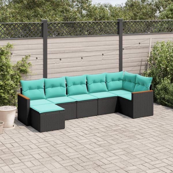 ARDEBO.de - 7-teiliges Gartensofa-Set mit Kissen, schwarzes Polyrattan