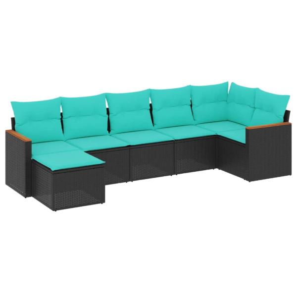 7-teiliges Gartensofa-Set mit Kissen, schwarzes Polyrattan