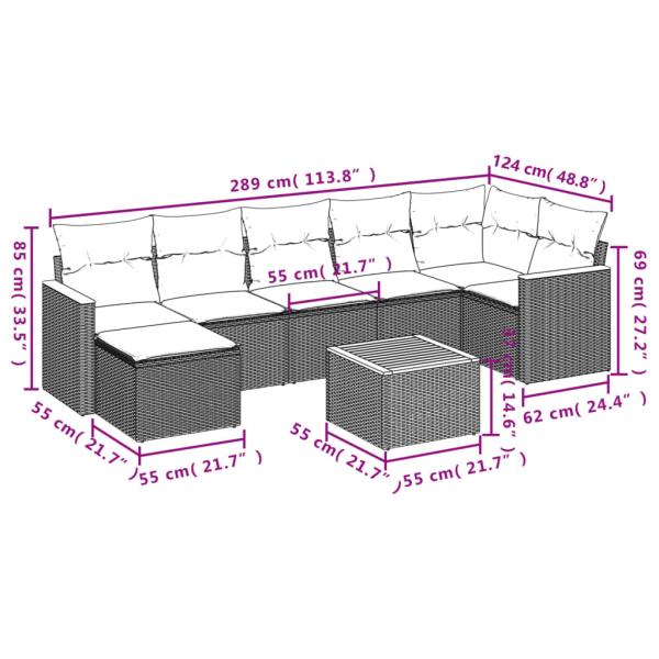 8-teiliges Gartensofa-Set mit Kissen, grau, Polyrattan