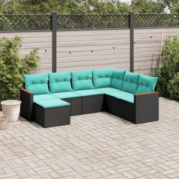ARDEBO.de - 7-teiliges Gartensofa-Set mit Kissen, schwarzes Polyrattan